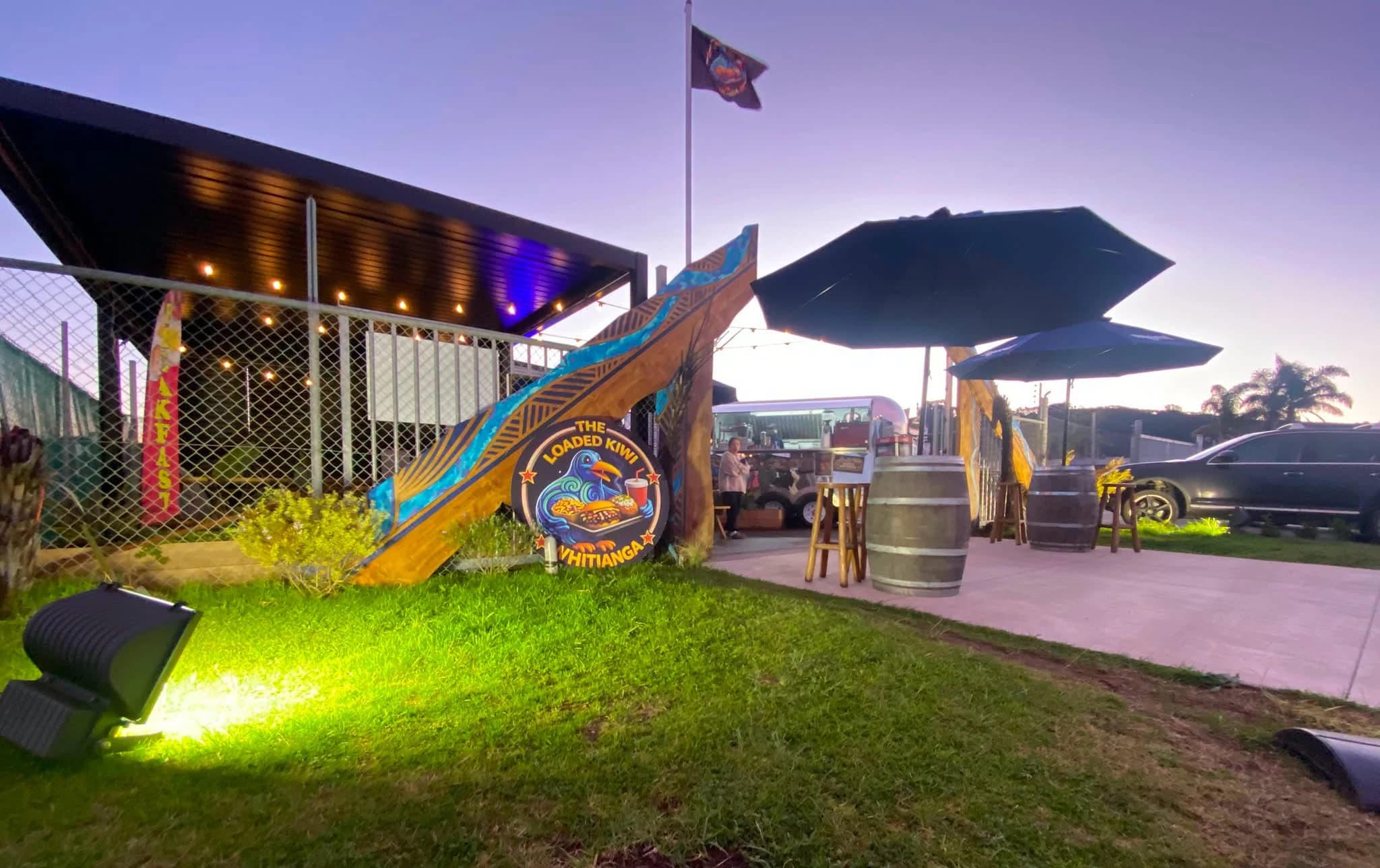 The Loaded Kiwi truck setup at dusk in Whitianga